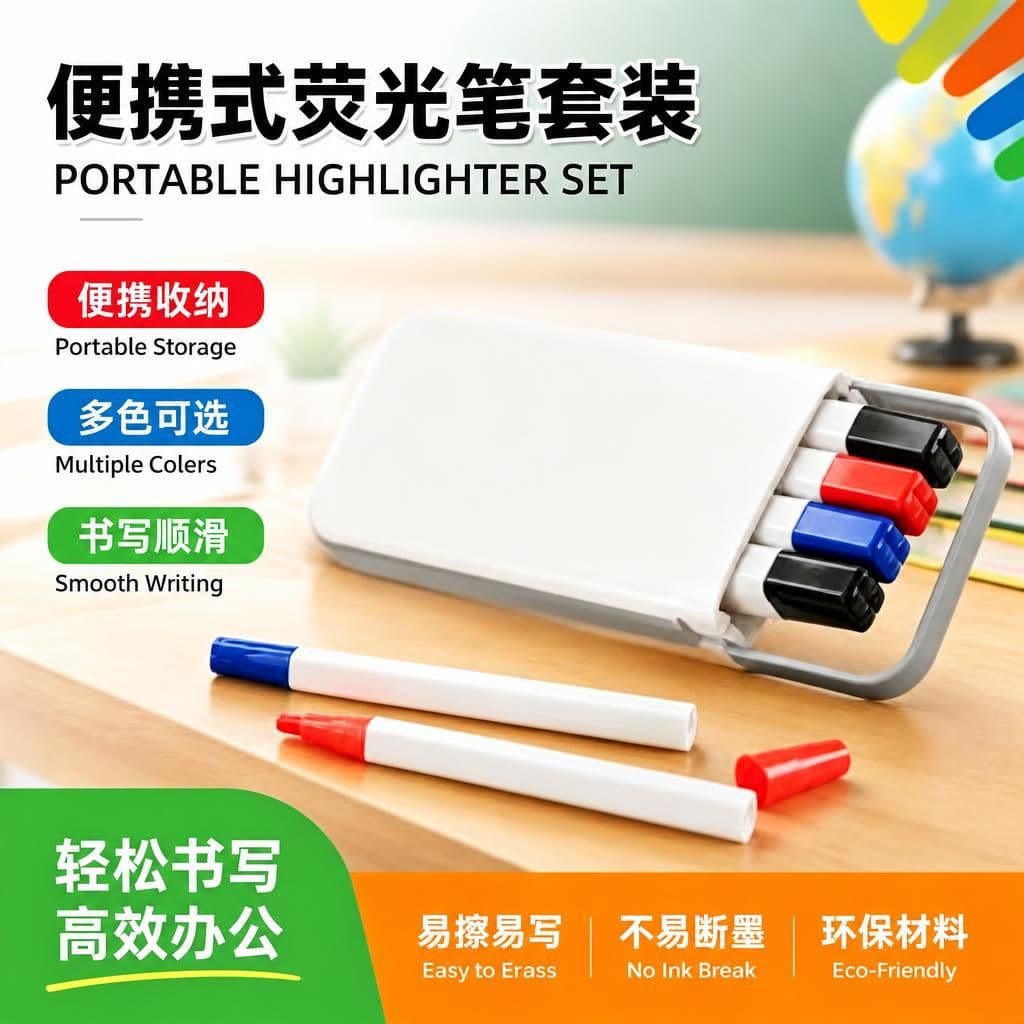 Five-Color Fluorescent Highlighter Set, Water-Based Erasable, Smooth Writing, for Office and Teaching, Easy to Erase, No Residue Marker Pens