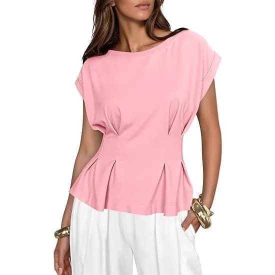 2026 Spring/Summer New European and American Style Solid Color Slimming Pleated Short Sleeve Top Women's Versatile Fashionable Round Neck T-Shirt Cropped