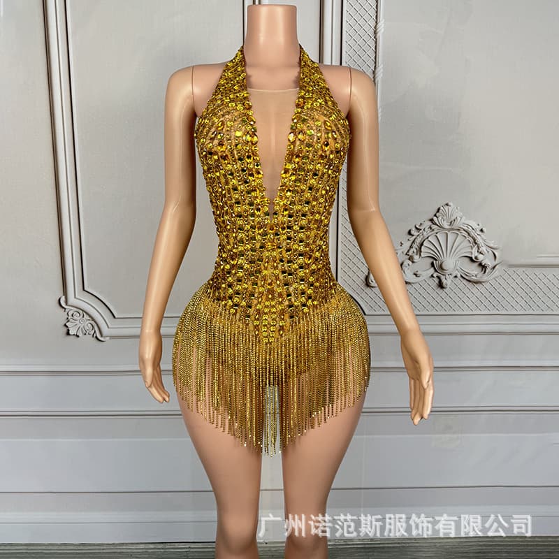 Luxurious Noble Gold Shining Rhinestone Fringe Halter Deep V Bodysuit Latin Dance Cheerleading Performance Costume
