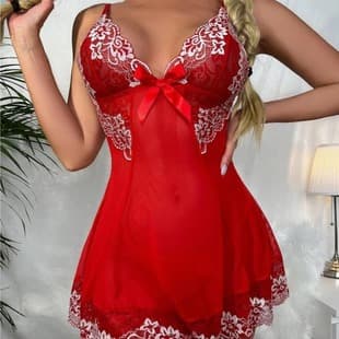 European and American Sexy Lingerie Pajamas Lace Mesh Sheer Nightgown Camisole Dress