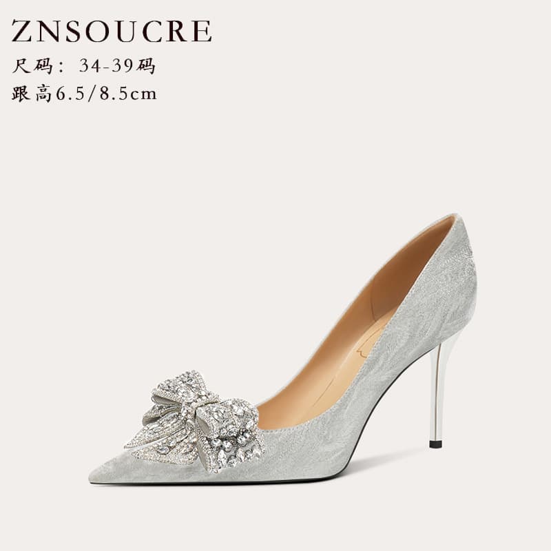 708-21 Crystal Wedding Shoes for Women, Bride Heels with Bow and Rhinestones, 2-in-1 for Xiuhu and Main Wedding Dress, Sheep Leather