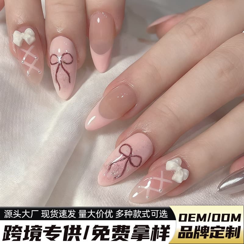 Cross-border light luxury style wearable fake nails, sweet pink bow nail art pieces, removable nail stickers