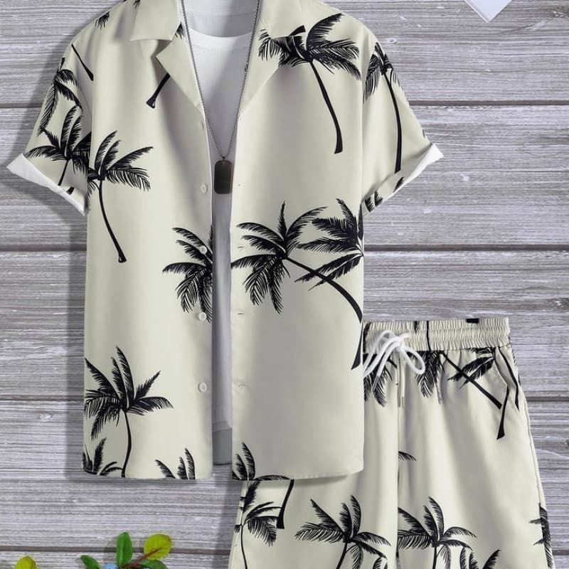 Cross-border Fashion Casual Cuban Collar Hawaiian Shirt Short Sleeve + Short Sleeve Casual Set Men's Printed Two-Piece Set