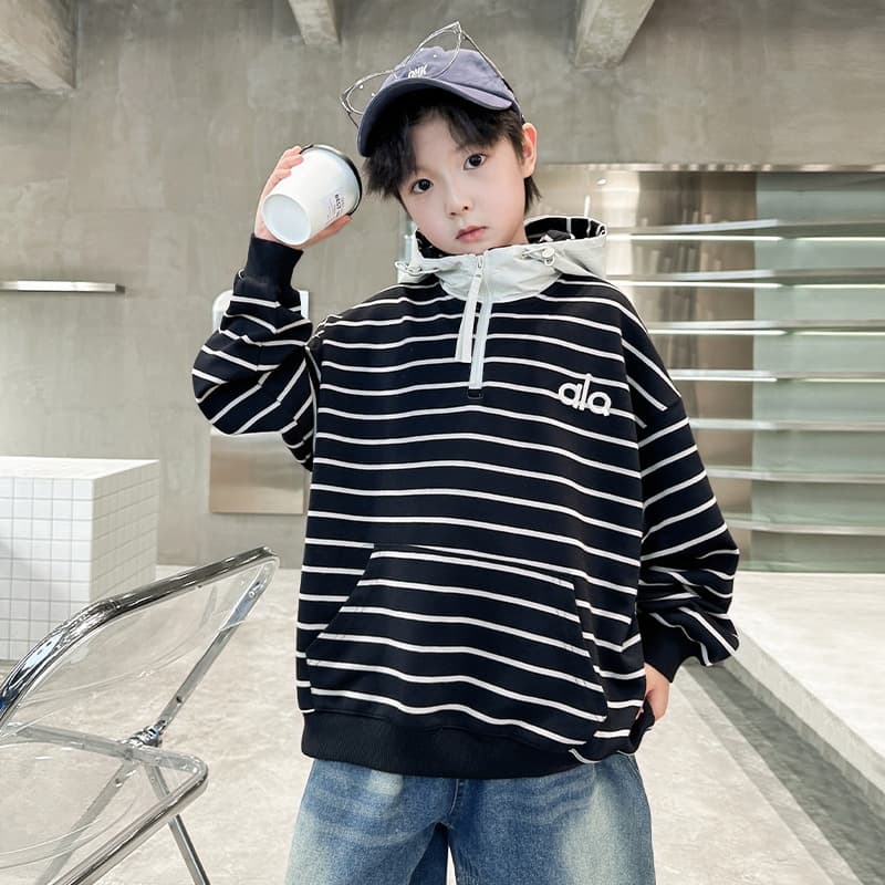 Boys Autumn Korean Style Striped Sports Hoodie 2025 New Youth Children's Casual Top