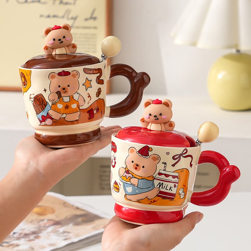 Ceramic Mug Cute Bear High Appearance Mug with Lid and Spoon Coffee Cup Gift Box Souvenir Cup Couple Water Cup