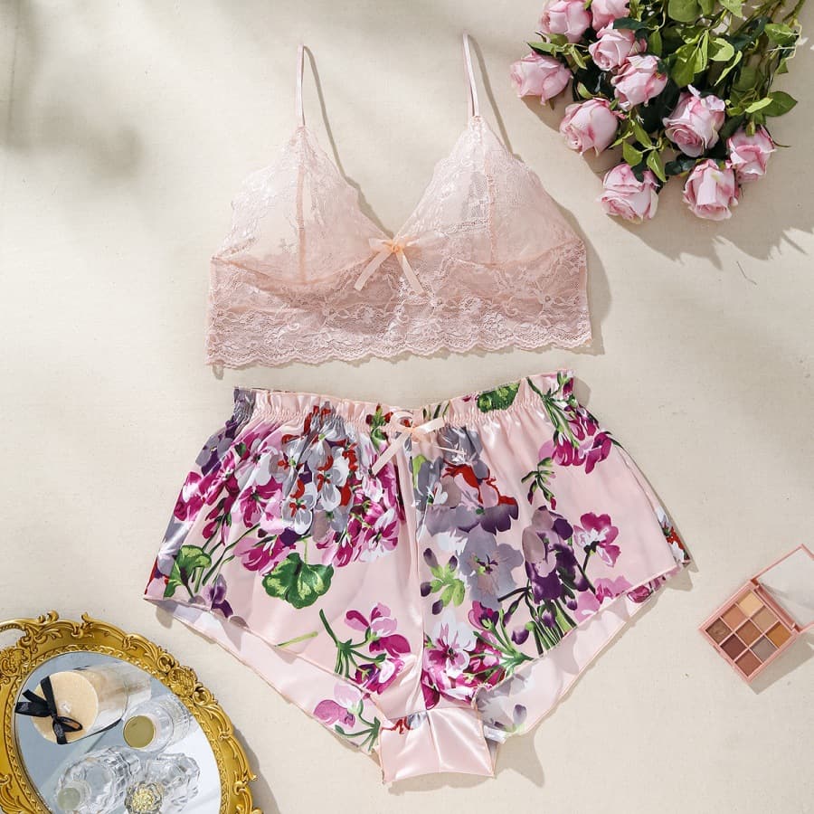 European and American Cross-border Sexy Lingerie Set Lace See-through Bra and Shorts Two-piece Set Amazon Export Plus Size