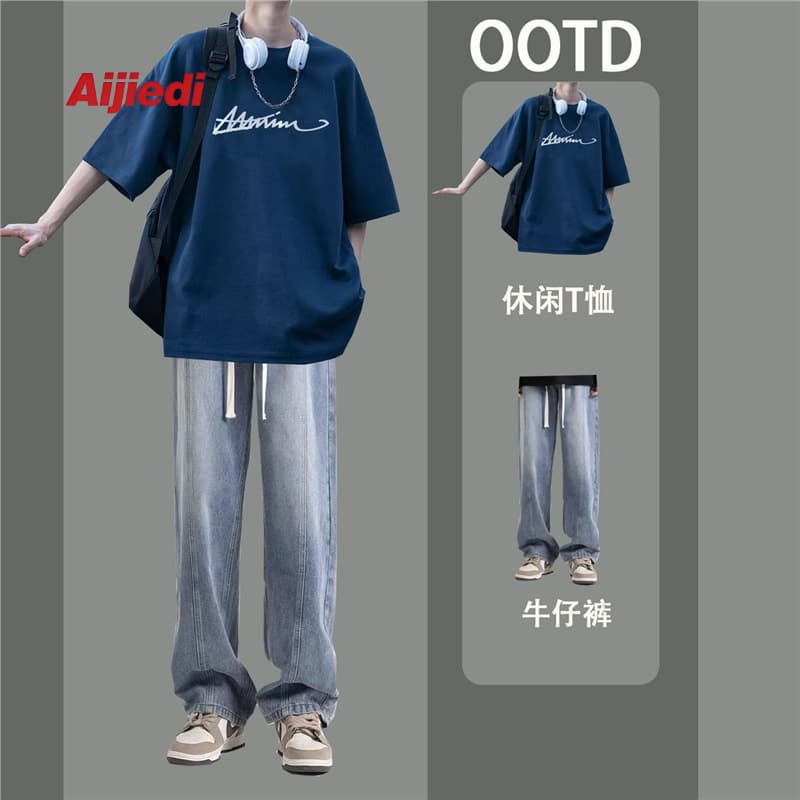 Cool Retro Denim Short Sleeve Set for Men, Hong Kong Style Summer Outfit, Trendy Streetwear Loose T-Shirt