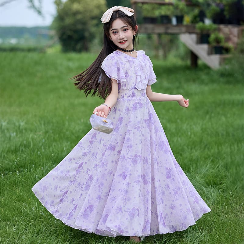 Girls Summer Chiffon Dress 2025 New Children's Summer Dress Midi Floral Princess Style Long Dress