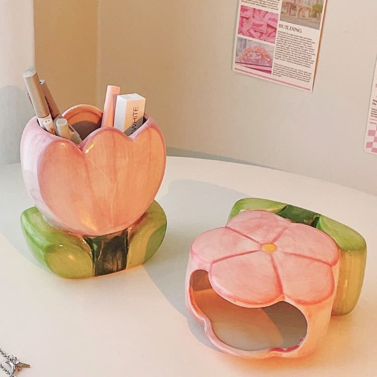 Ceramic Pen Holder Cute Creative Storage Box Student Desk Light Luxury Premium Style for Boys Girls Kids Office