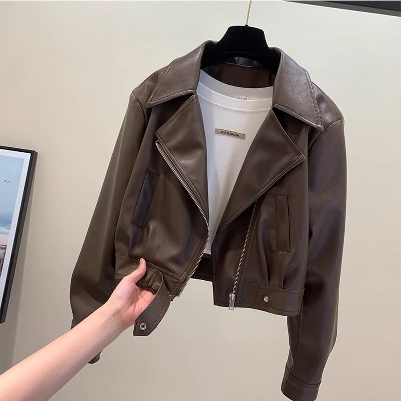 Fashionable Slimming Leather Jacket For Women Spring Autumn Elegant Lapel Petite PU Leather Versatile Vest Cropped Short Coat