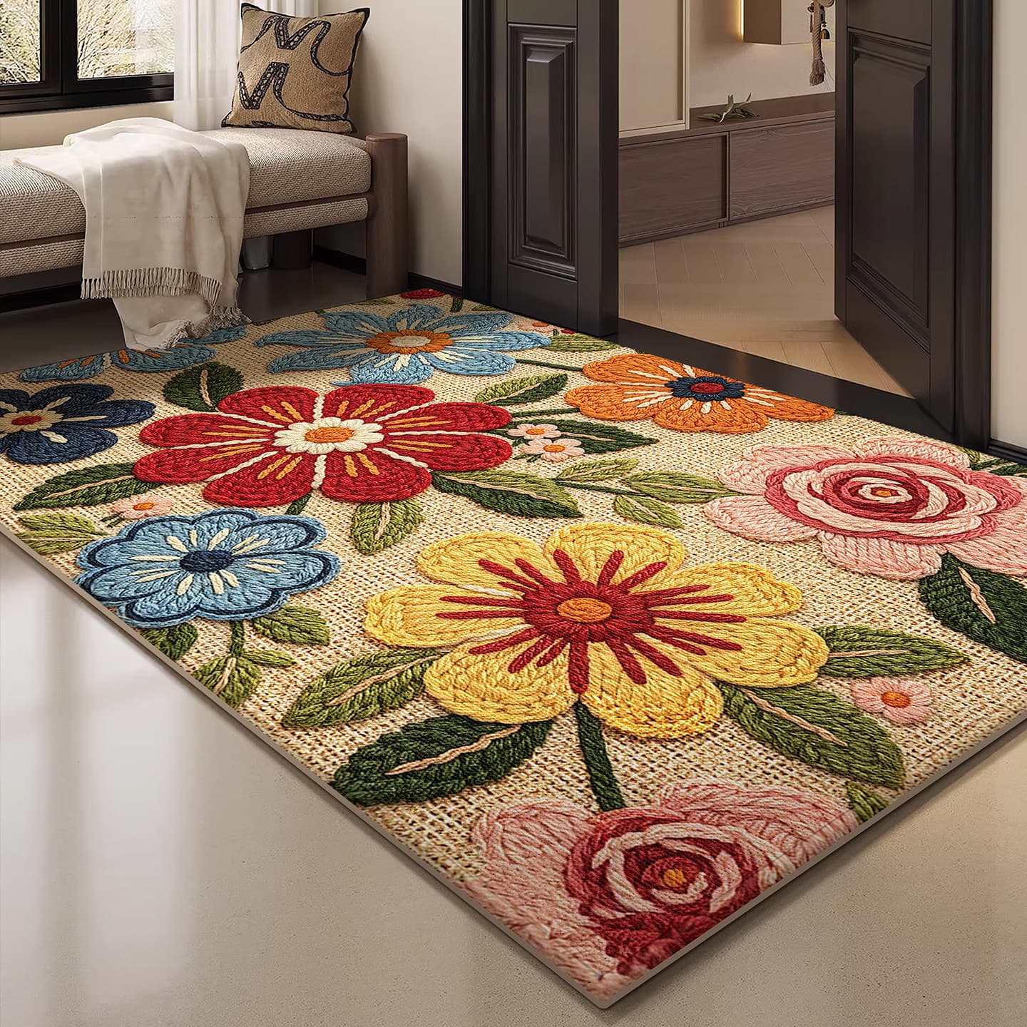 Vintage Embroidery-Style Floral Entry Door Mat, Durable Dust-Proof Indoor Doormat for Home, Easy to Clean