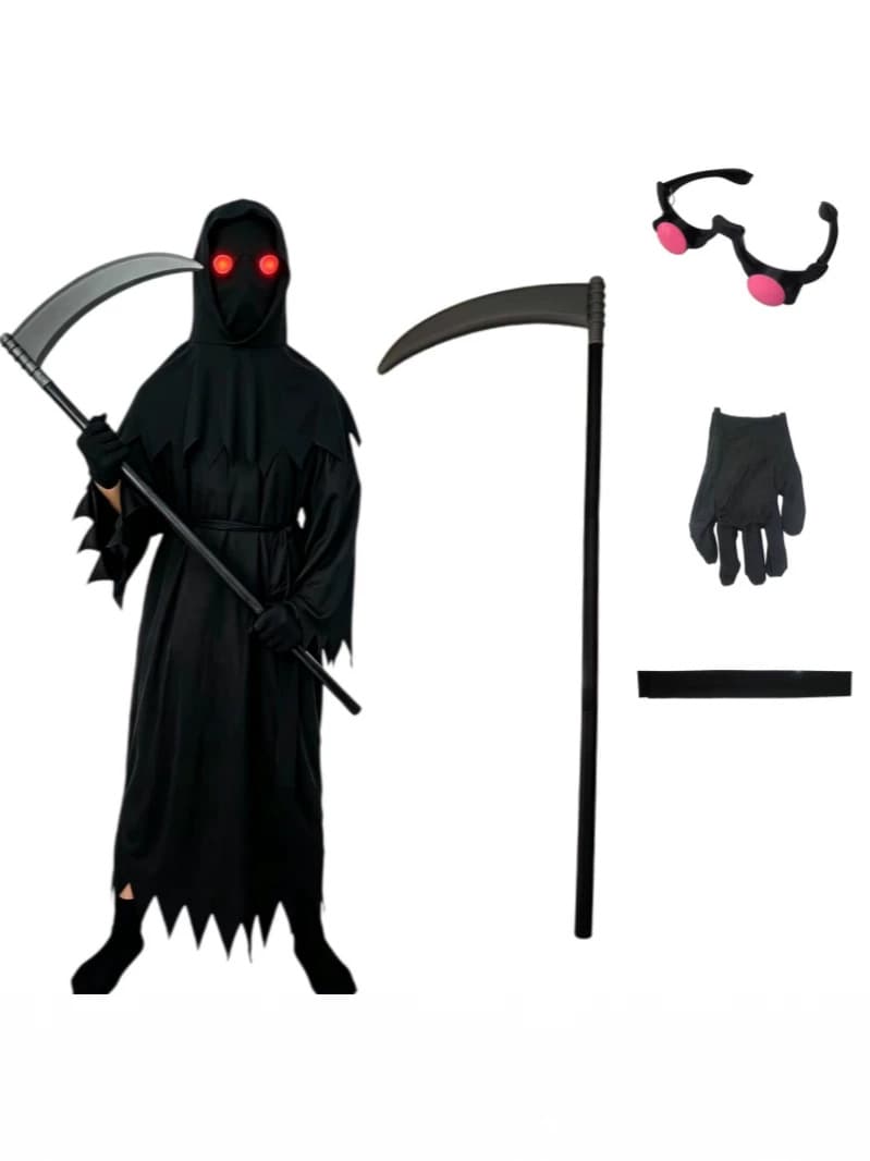 2026 Halloween Cosplay Grim Reaper Dark Messenger Ghost Costume Kids Reaper Glow-in-the-Dark Outfit