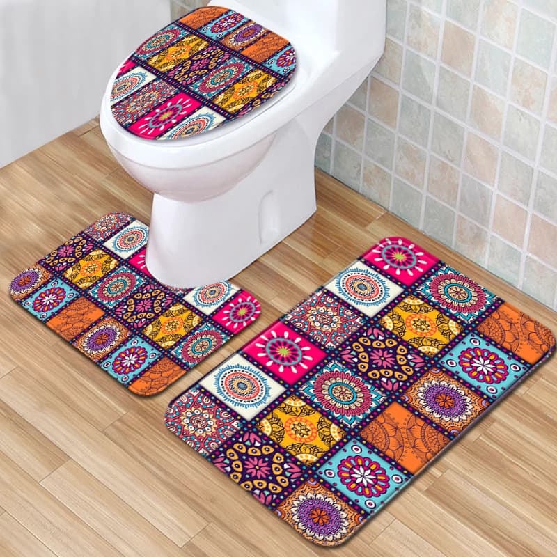 Bohemian Three-Piece Set Door Mat National Style Bathroom Carpet Polyester Fiber Rectangle Shape Heart Pattern Machine Washable