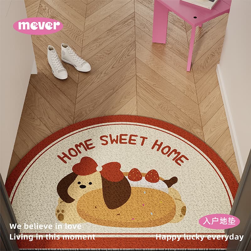 Hamburger dog red doormat, semi-circular scraper/frame type, anti-slip, customizable for entryway, hallway, or outside the door.