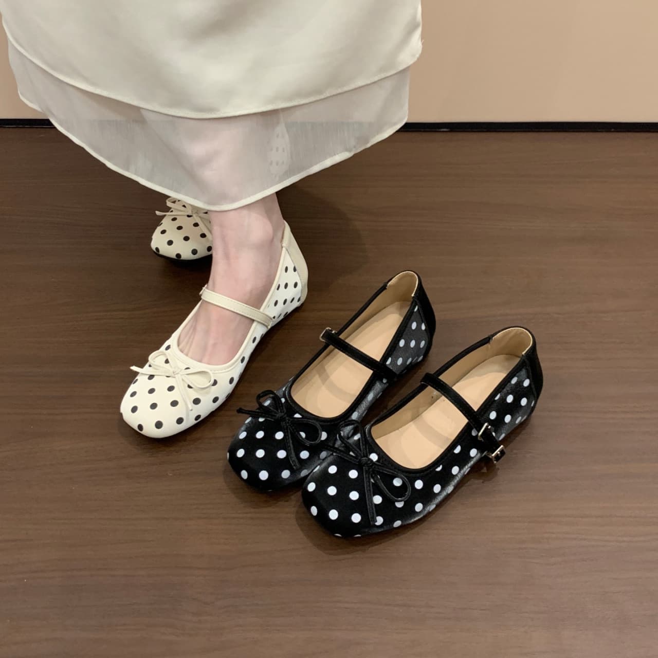 Summer Small Size Polka Dot Mary Jane Shoes for Women, Flat New Style for Dresses, French Ballet, Large Size Non-Slip Women's Shoes