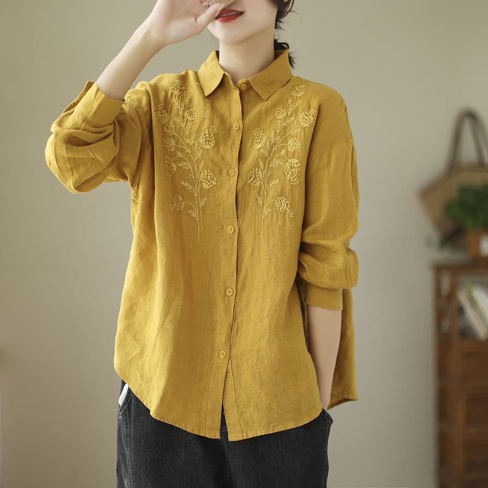 Embroidered Cotton Linen Long Sleeve Shirt Top Polo Collar Princess Sleeve No Sleeve Crossbody Bag Women's Fashion Spring Summer