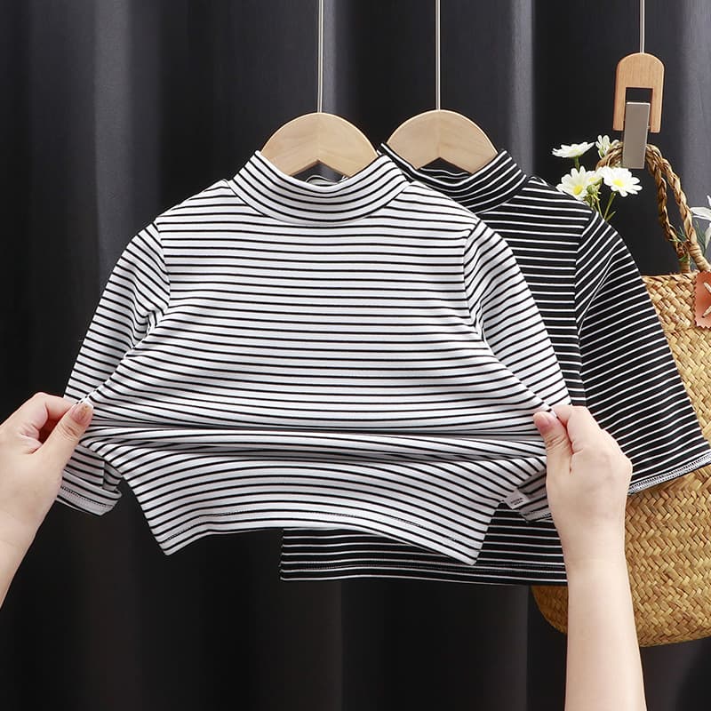 Autumn/Winter Children's Velvet Base Layer Shirt, Boys and Girls, High Neck Long Sleeve Striped Top, Baby Print Elastic Inner Layer