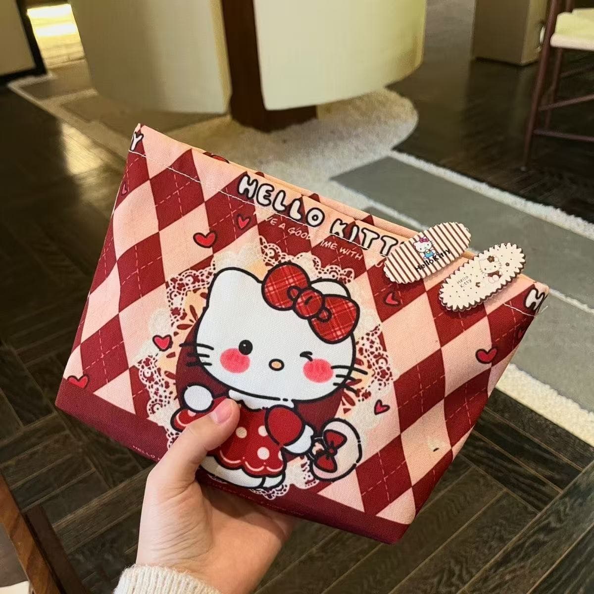 New plaid kitty cosmetic bag red original large capacity storage bag simple portable cute cartoon bag