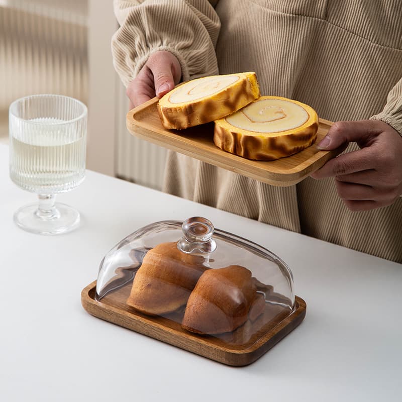 Transparent Glass Bamboo Wood Cake Plate Dessert Display Plate Western Dining Table Butter Tray Cross-Border Home Goods