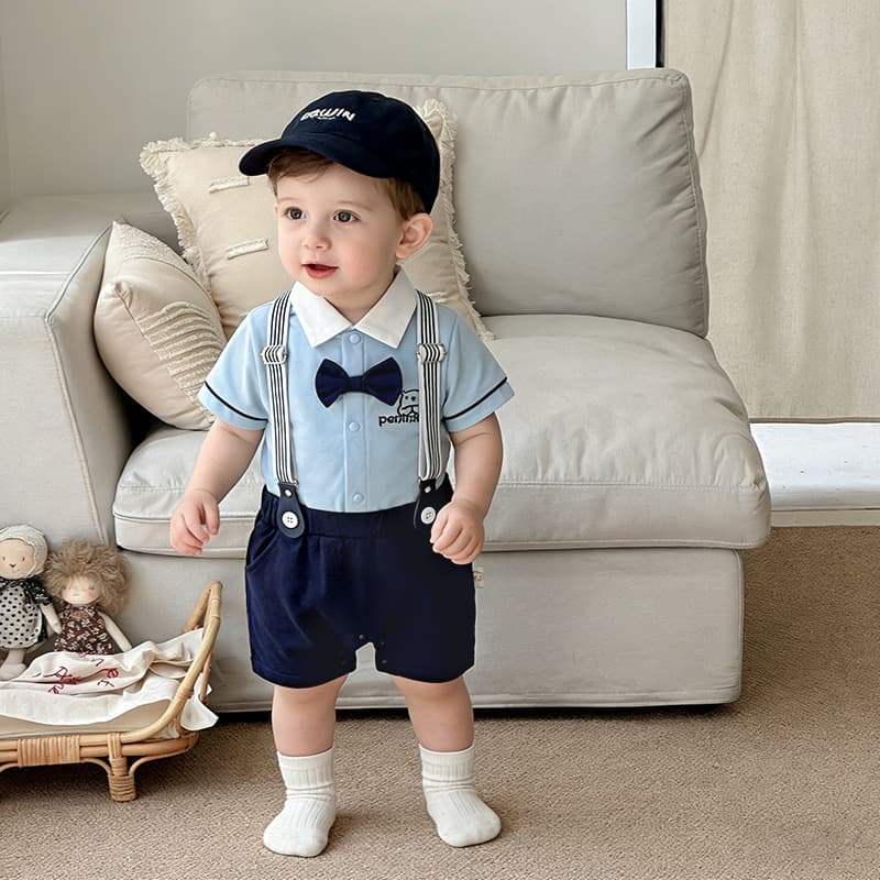 New Summer Baby Romper for Boys, Bow Tie Gentleman Short Sleeve Baby Crawling Suit, Short Style Baby First Birthday Party Outfit