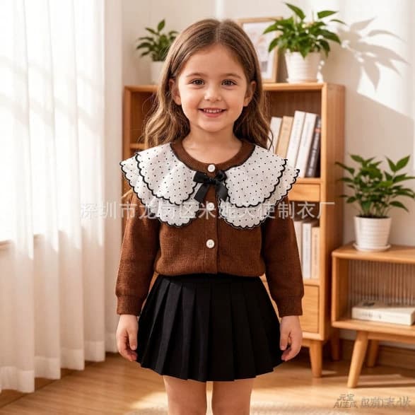 2026 Fall New Arrival In Stock Stylish Doll Collar Two-Tone Long-Sleeve Top + Pleated Skirt Set