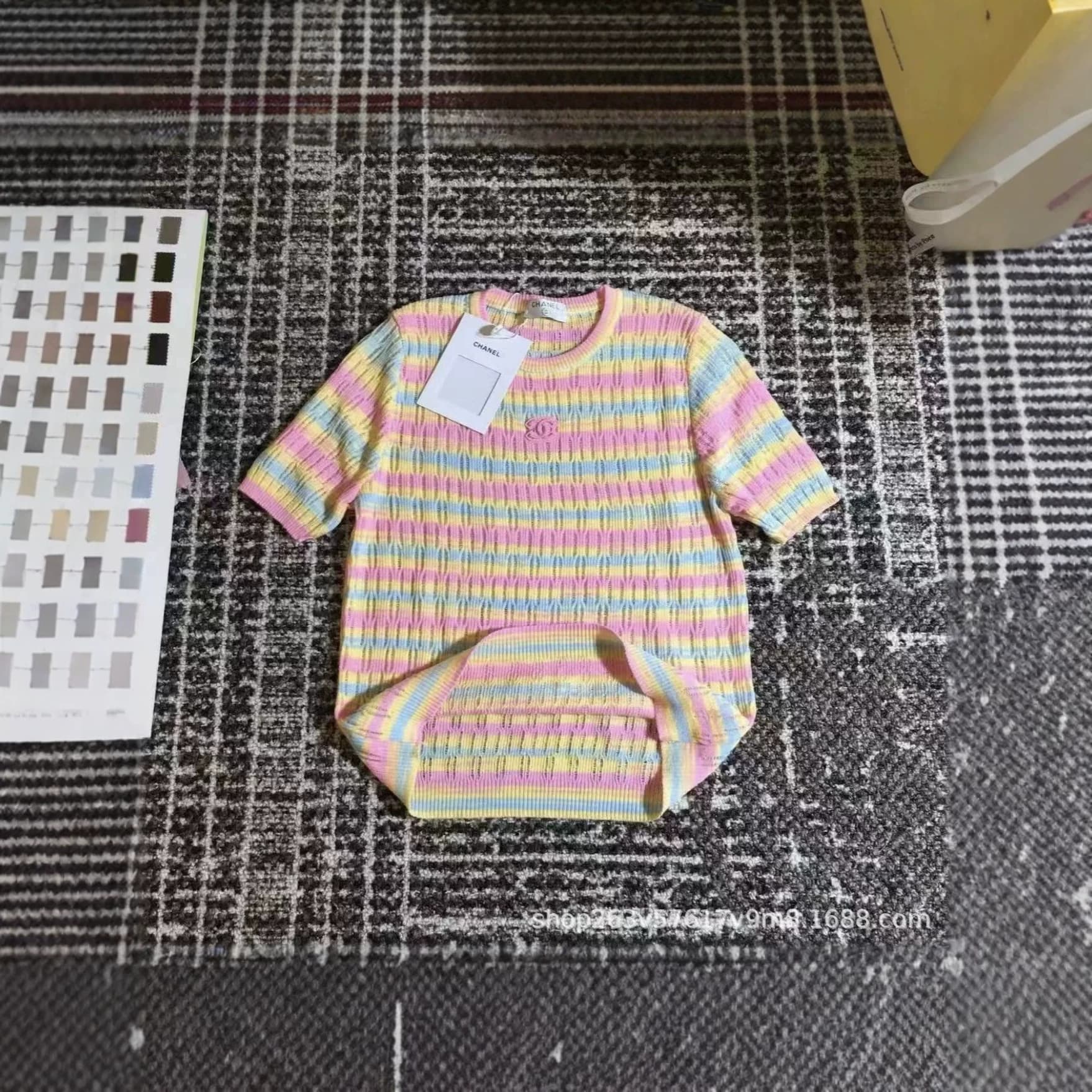 2026 Summer New Chanel-Style Double-C Rainbow Knit Short Sleeve Sweet Fashion Versatile High-Quality Fabric Dopamine Top