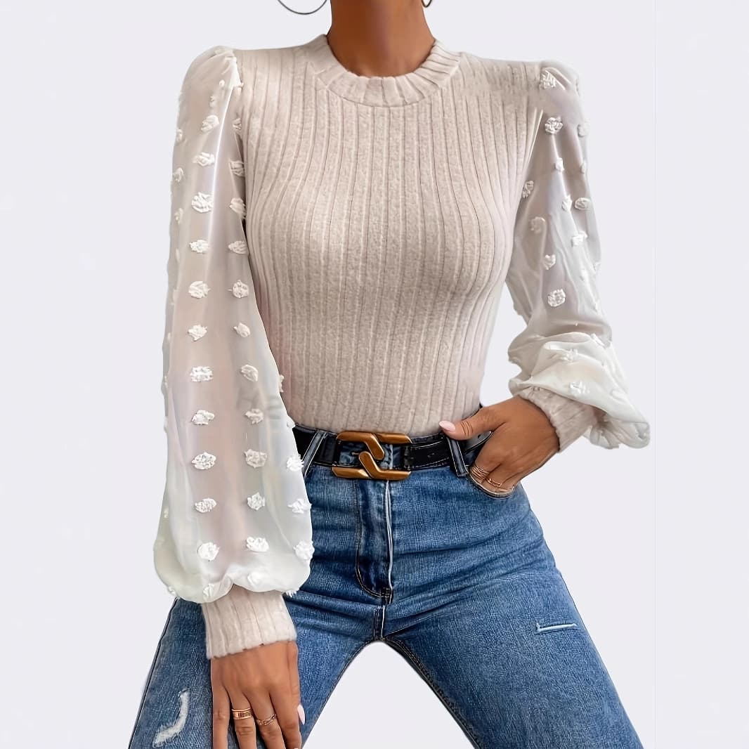 Cross-Border Export Factory European and American 2025 New Women's Tops Mesh Splicing Long-Sleeved Pure Color Round Neck Casual Women's T-Shirt