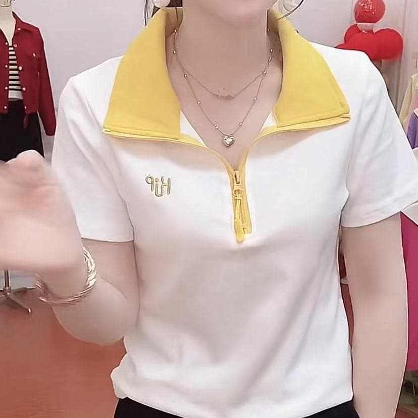 2026 Summer Short-Sleeved Tops for Women, Trendy Contrasting Color Lapels, Plus Size, Loose and Versatile, Zipper Stand-Up Collar Polo Shirt
