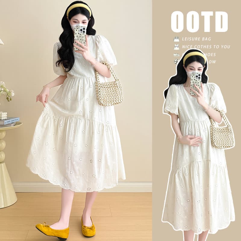 Maternity Summer Dress 2026 New Style Summer Loose High-End V-Neck Short-Sleeved Floral A-Line Dress for Women