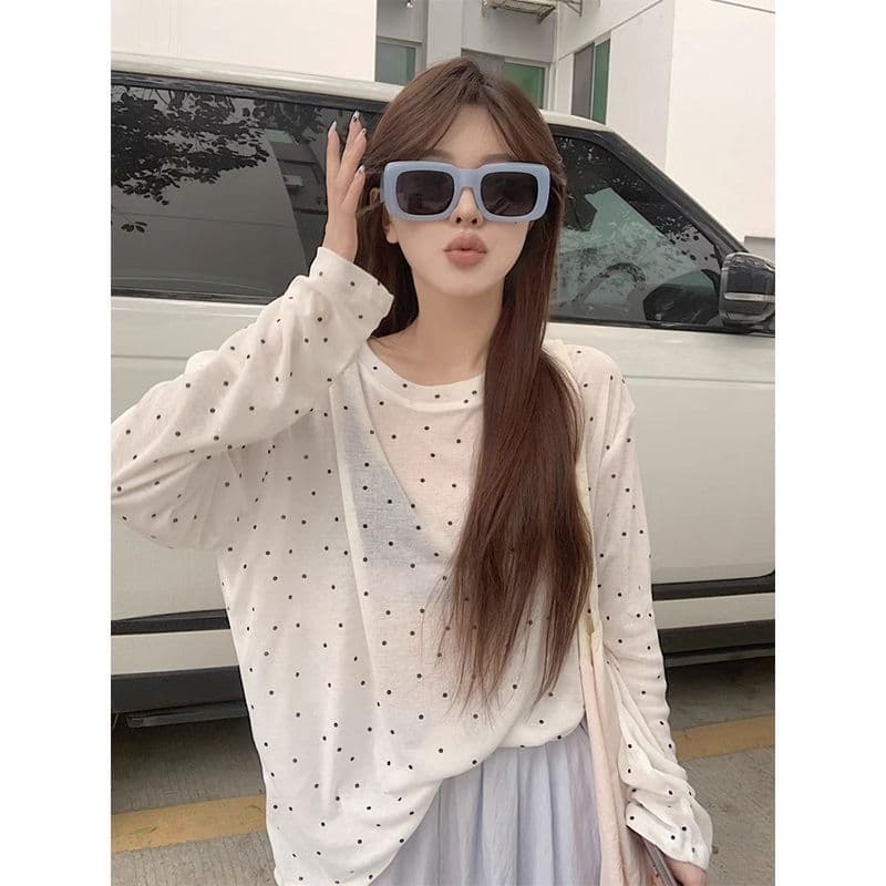 Polka Dot Ice Silk Face Mask Long Sleeve Sun Protection T-Shirt Summer New Loose Plus Size Round Neck Cover Thin Outerwear Top