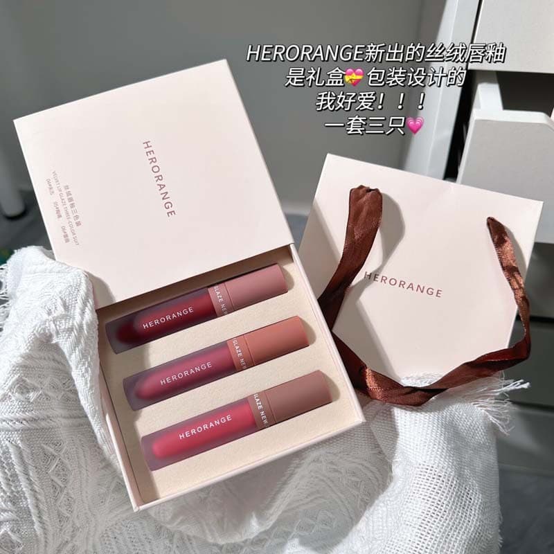 HERORANGE Three-Pack Lip Gloss Gift Box: Matte Velvet Brightening Lipstick, Long-Lasting, Non-Feathering Lipstick Set