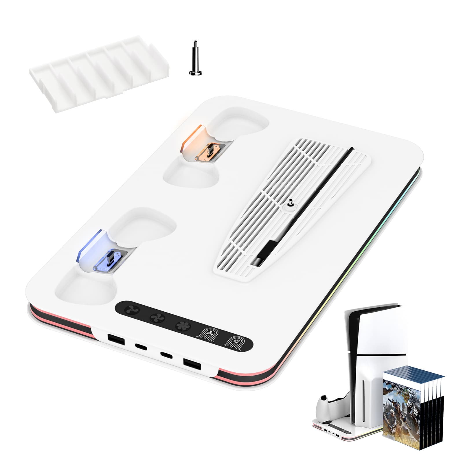 PS5/SLIM/PRO Universal Console Cooling Stand with Multifunctional Fan Bracket, Dual Controller Charging Dock with RGB Light