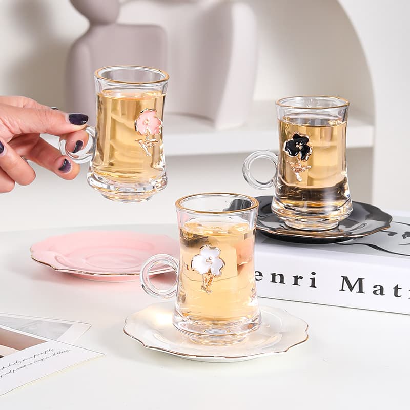 Ins-style Glass Cup and Saucer Seasonal Ceramic Coffee Cup and Saucer Afternoon Tea Coffee Cup Home Use Black Tea Coffee Cup and Saucer Set