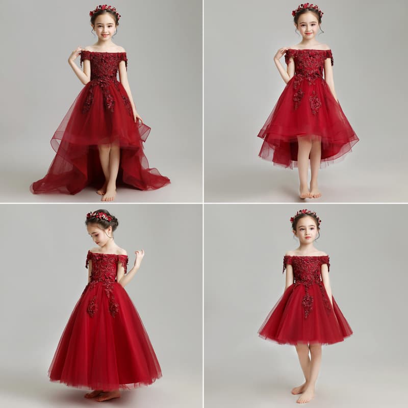 Children's Evening Gown Princess Dress Tutu Tulle Girl Wedding Dress with Train for Flower Girl Model Runway Piano Performance
