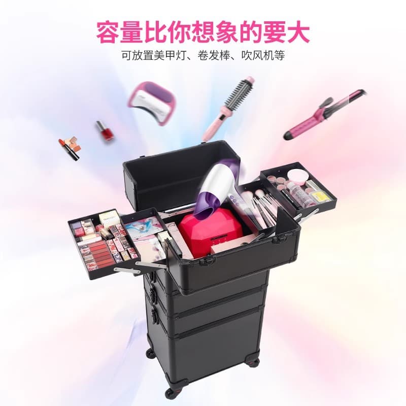 Large Capacity Multi-Layer Trolley Makeup Case with Handle, Professional Makeup Artist Tattoo Eyebrow Eyelash Nail Tool Box