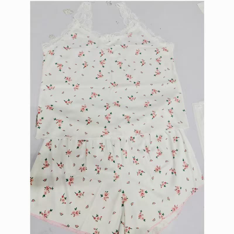 2025 European and American Women's New Pajama Set Lace Trim Camisole and Shorts Two-Piece Knitted Ribbed Print Loungewear