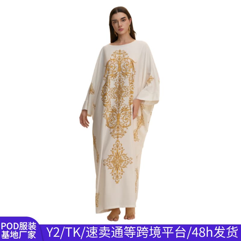 TEMU Cross-border Women's Plus Size Dress Summer Digital Print Batwing Sleeve Vintage Wrap Dress Robe