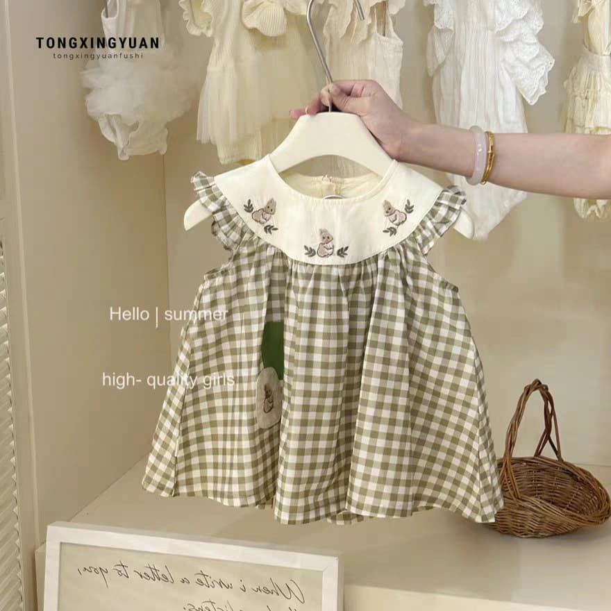 Korean girls summer new rabbit green plaid skirt baby girl fashionable dress Korean style princess skirt trendy