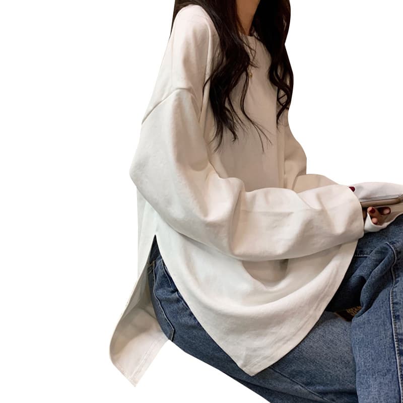 Hong Kong Style Side Slit Round Neck Loose Long Sleeve Women's Top Ins Women's Mid-Length Solid Color Base Layer Shirt Autumn Clothing