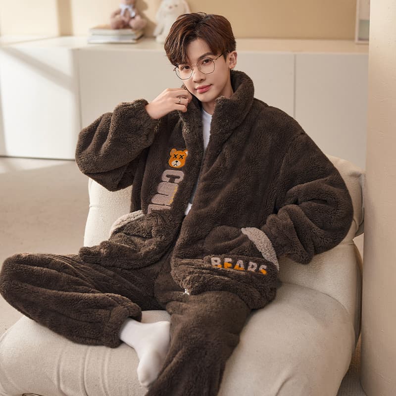 Plus Size 280 lbs Zipper Cartoon Pajamas for Men Winter Thick Flannel Student Homewear Set