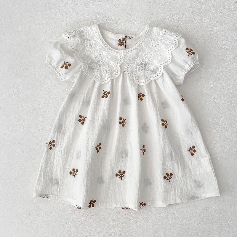 Girls' Dress Summer Pure Cotton Short Sleeve Lace Collar Baby Girl Stylish Embroidered Dress Children's Princess Dress