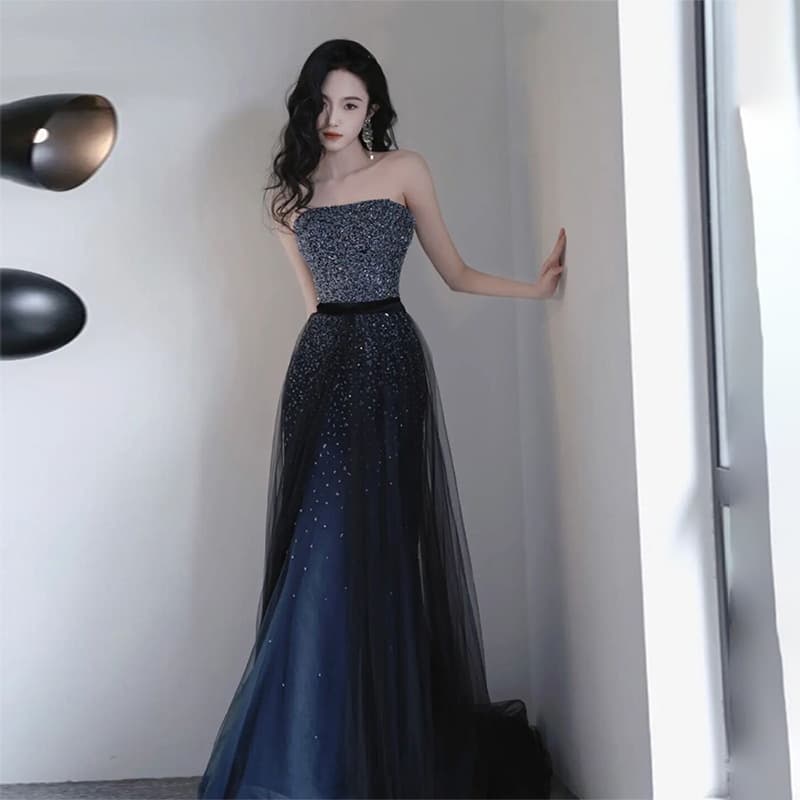 Sequin Gown Style Light Luxury Unique Performance Strapless Dress Host Blue Evening Gown 2026 New Women's Banquet
