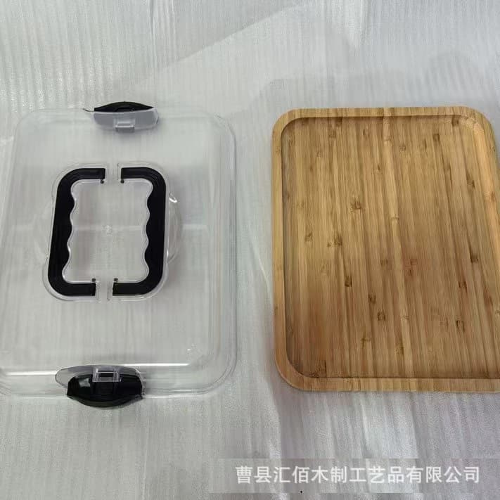 Cross-border bamboo and wood prepared food compartment snack tray, outdoor picnic snack box, wooden transparent lid with handle, convenient tray