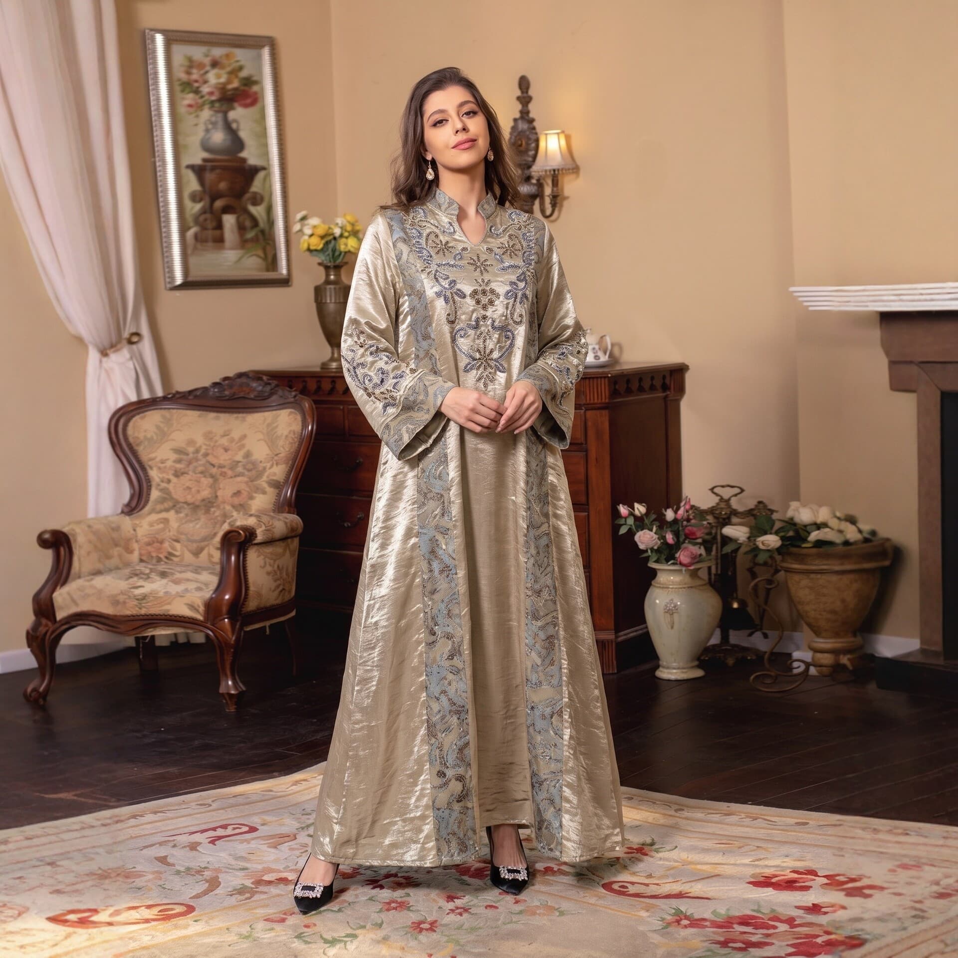 Cross-border Elegant V-Neck Embroidered Long Robe Dress for Women, Ethnic Style Heavy Beaded Long Skirt, Fashionable and Elegant Women's Clothing
