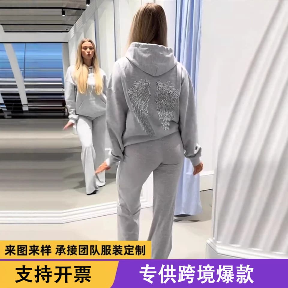 Amazon Cross-border Trade 2026 New European and American Sequined Wings Women's Sweatshirt Fashion Solid Color Sequined Sweatshirt