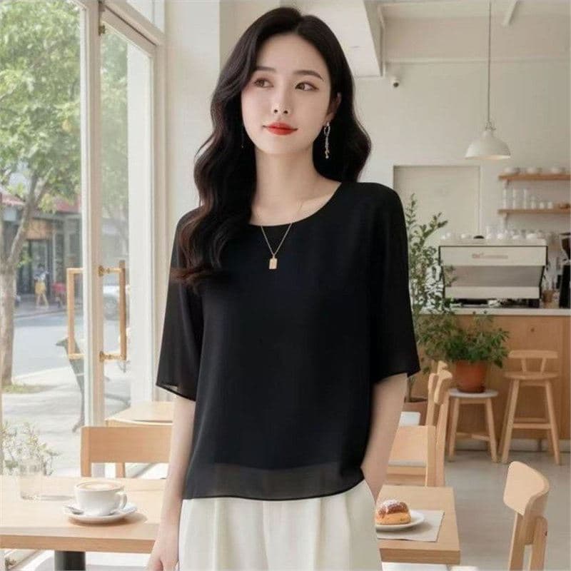 A drop-shipping hot style loose solid color mid-sleeve chiffon shirt 2026 summer fashion casual versatile slimming top for women