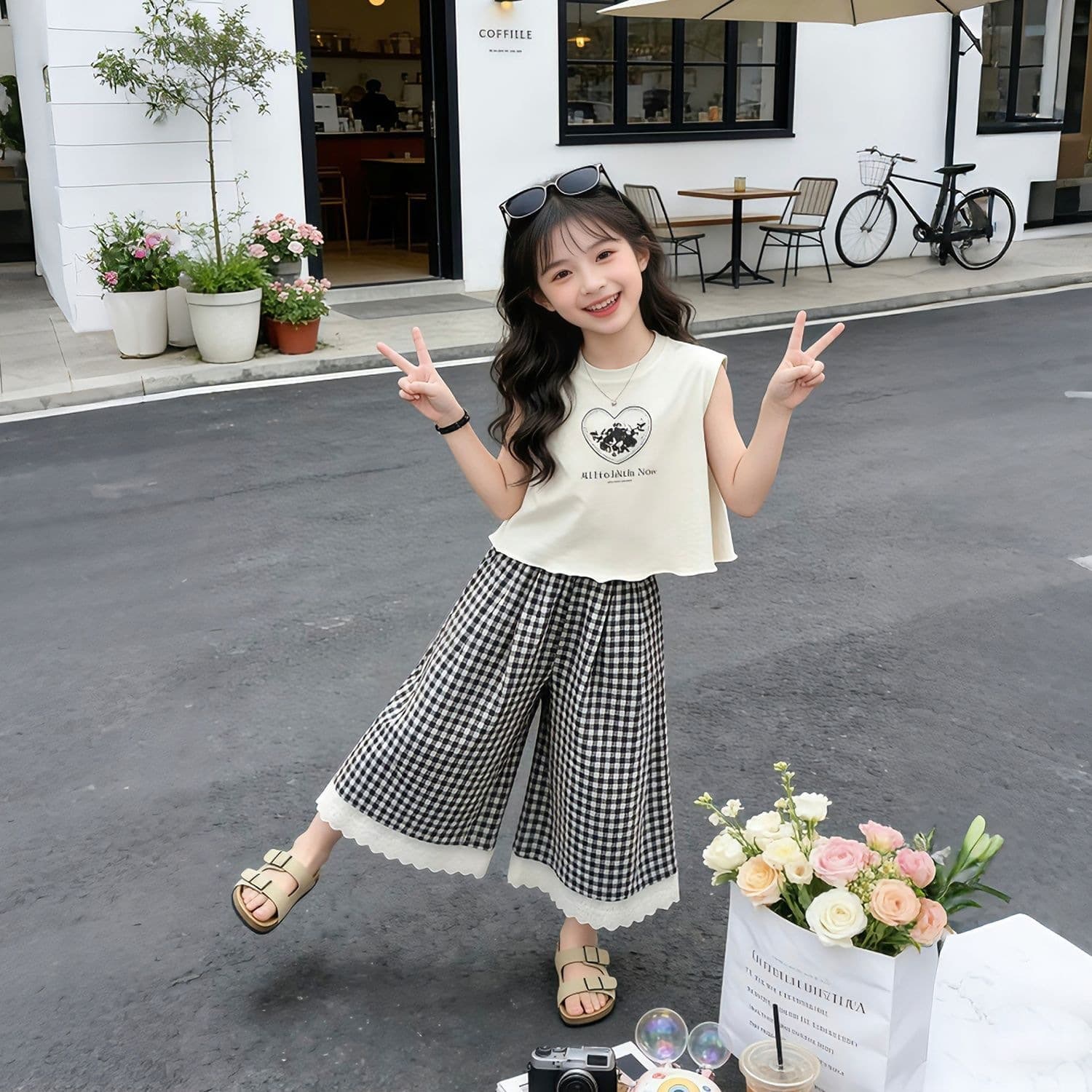 2026 New Set Girls Sleeveless Top Wide-Leg Pants Cotton T-Shirt Versatile Top Cool and Cute Two-Piece Set