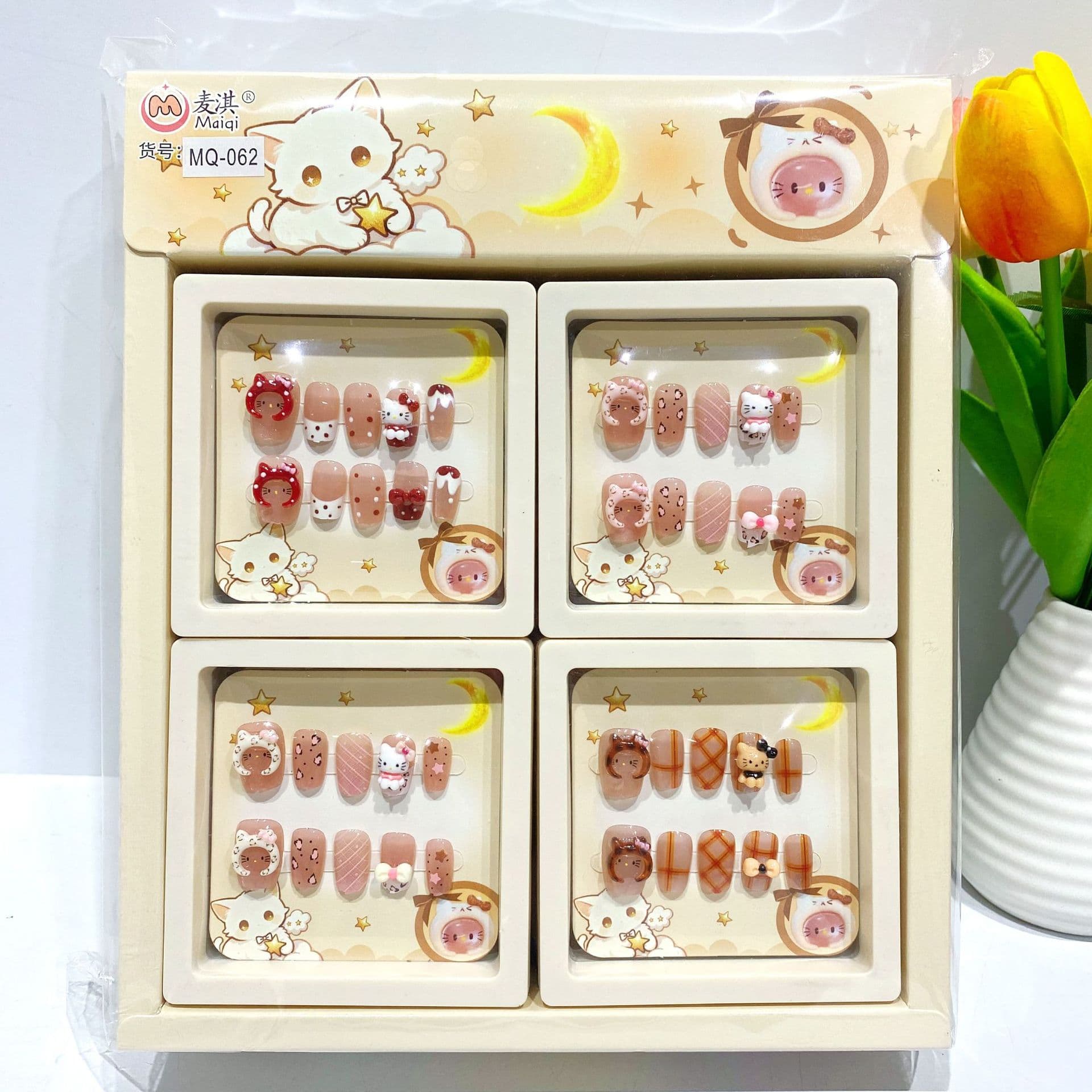 Kt Cat Handmade Short Cartoon Cat Nail Stickers with Rhinestones and Bow, Removable and Brightening Effect