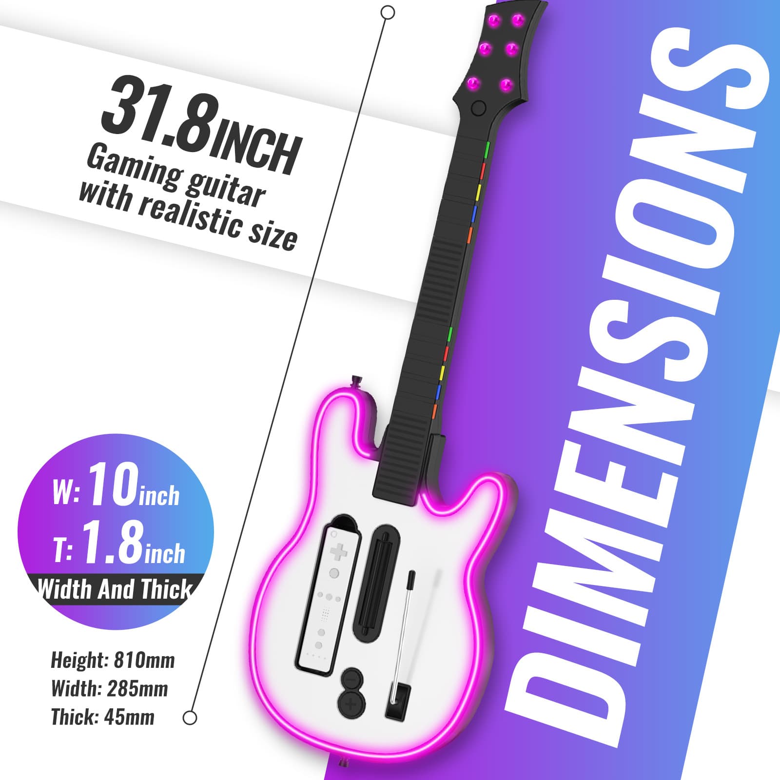Wireless Guitar for Wii Console, Plug and Play with RGB Lighting, Compatible with Guitar Hero and Other Games