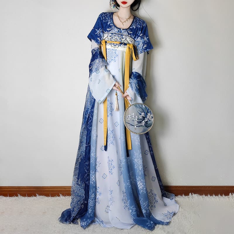 Tang-Style Everyday Hanfu Women's Tang Beizi [Porcelain Blue] Chinese Blue-and-White Porcelain Round Neck Everyday Slimming Summer